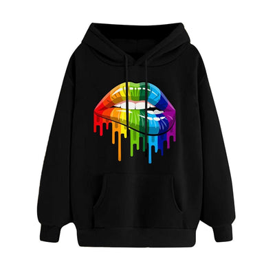 Casual Loose Lip Print Rainbow Women Hoodies 2020 Pullover Sweatshirt Autumn Winter Female Streetwear Vintage Hooded Tops