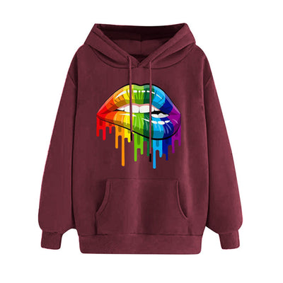 Casual Loose Lip Print Rainbow Women Hoodies 2020 Pullover Sweatshirt Autumn Winter Female Streetwear Vintage Hooded Tops