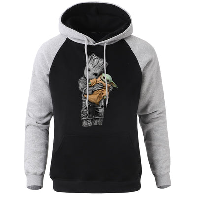 Groot And Yoda Funny Print Men Raglan Hooded Sweatshirt Spring Winter 2020 New Hip Hop Mandalorian Pullover Casual Fleece Hoodie