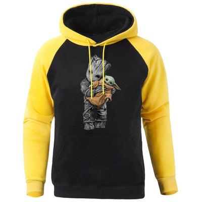 Groot And Yoda Funny Print Men Raglan Hooded Sweatshirt Spring Winter 2020 New Hip Hop Mandalorian Pullover Casual Fleece Hoodie