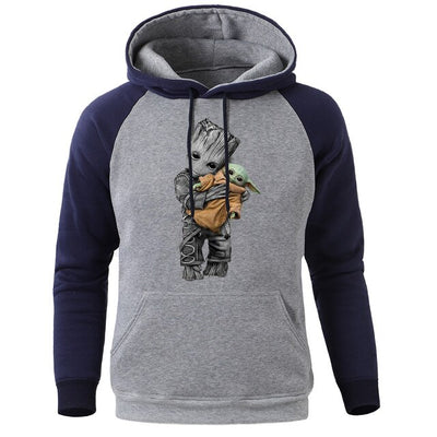 Groot And Yoda Funny Print Men Raglan Hooded Sweatshirt Spring Winter 2020 New Hip Hop Mandalorian Pullover Casual Fleece Hoodie