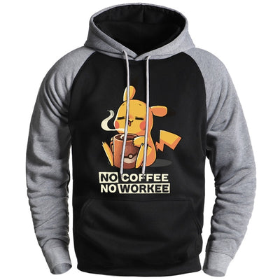 NO COFFEE NO WORKEE Sweatshirt Pikachu Pokemon Hoodie Sweatshirt Pullover Man Winter Fleece Raglan Streetwear 2020 Cartoon Hoody