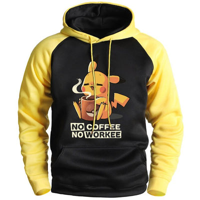 NO COFFEE NO WORKEE Sweatshirt Pikachu Pokemon Hoodie Sweatshirt Pullover Man Winter Fleece Raglan Streetwear 2020 Cartoon Hoody