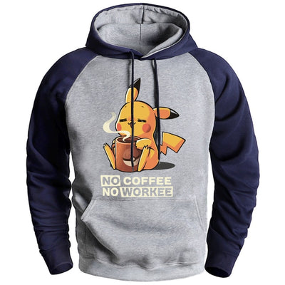 NO COFFEE NO WORKEE Sweatshirt Pikachu Pokemon Hoodie Sweatshirt Pullover Man Winter Fleece Raglan Streetwear 2020 Cartoon Hoody