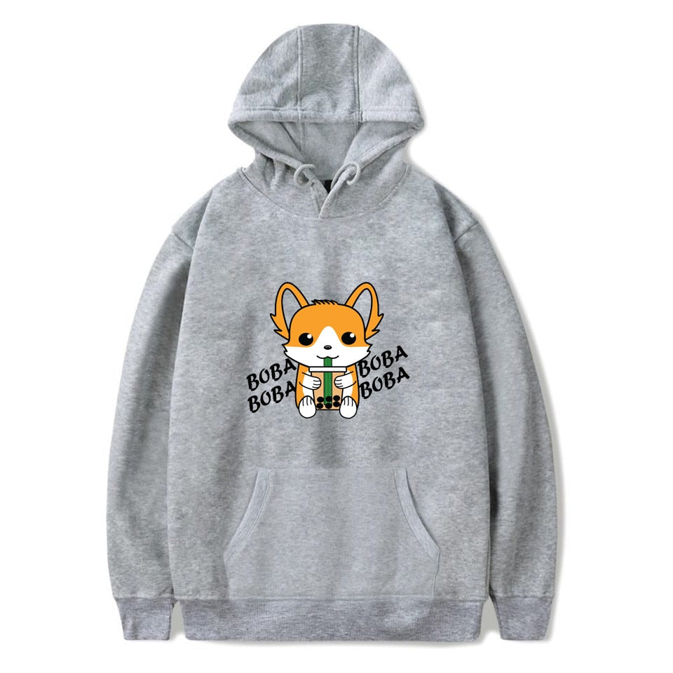 Bubble Tea Corgi Printed Grey Hoodie Harajuku Aesthetics Autumn Winter Hoodies Sweatshirt Fleece Street Hoodys for Women Men 4XL