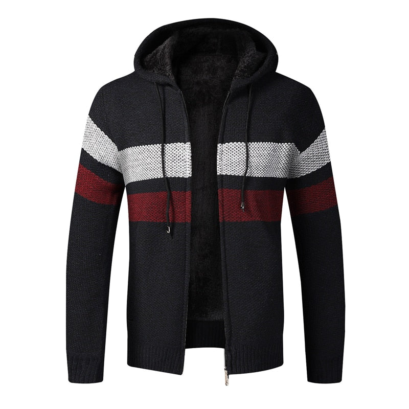 Men Winter Sweater Jacket Thick Fleece Sweatercoat Warm Hooded Cashmere Cardigan Coat Striped Knitted Zipper Sweaters Size 3XL