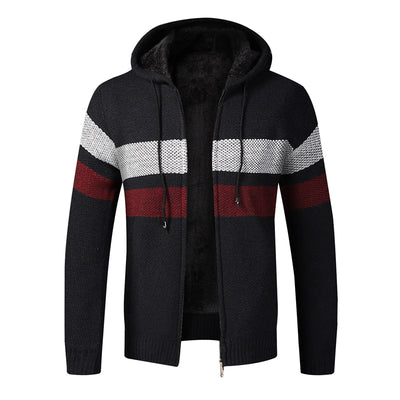 Men Winter Sweater Jacket Thick Fleece Sweatercoat Warm Hooded Cashmere Cardigan Coat Striped Knitted Zipper Sweaters Size 3XL