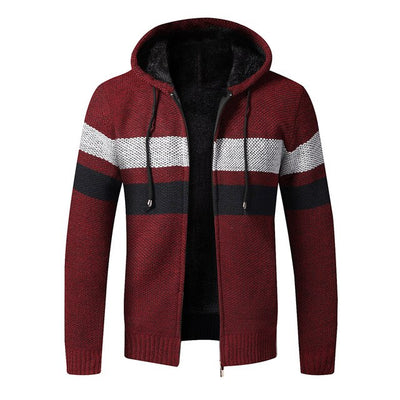 Men Winter Sweater Jacket Thick Fleece Sweatercoat Warm Hooded Cashmere Cardigan Coat Striped Knitted Zipper Sweaters Size 3XL