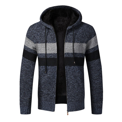 Men Winter Sweater Jacket Thick Fleece Sweatercoat Warm Hooded Cashmere Cardigan Coat Striped Knitted Zipper Sweaters Size 3XL