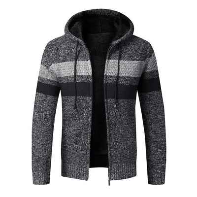 Men Winter Sweater Jacket Thick Fleece Sweatercoat Warm Hooded Cashmere Cardigan Coat Striped Knitted Zipper Sweaters Size 3XL